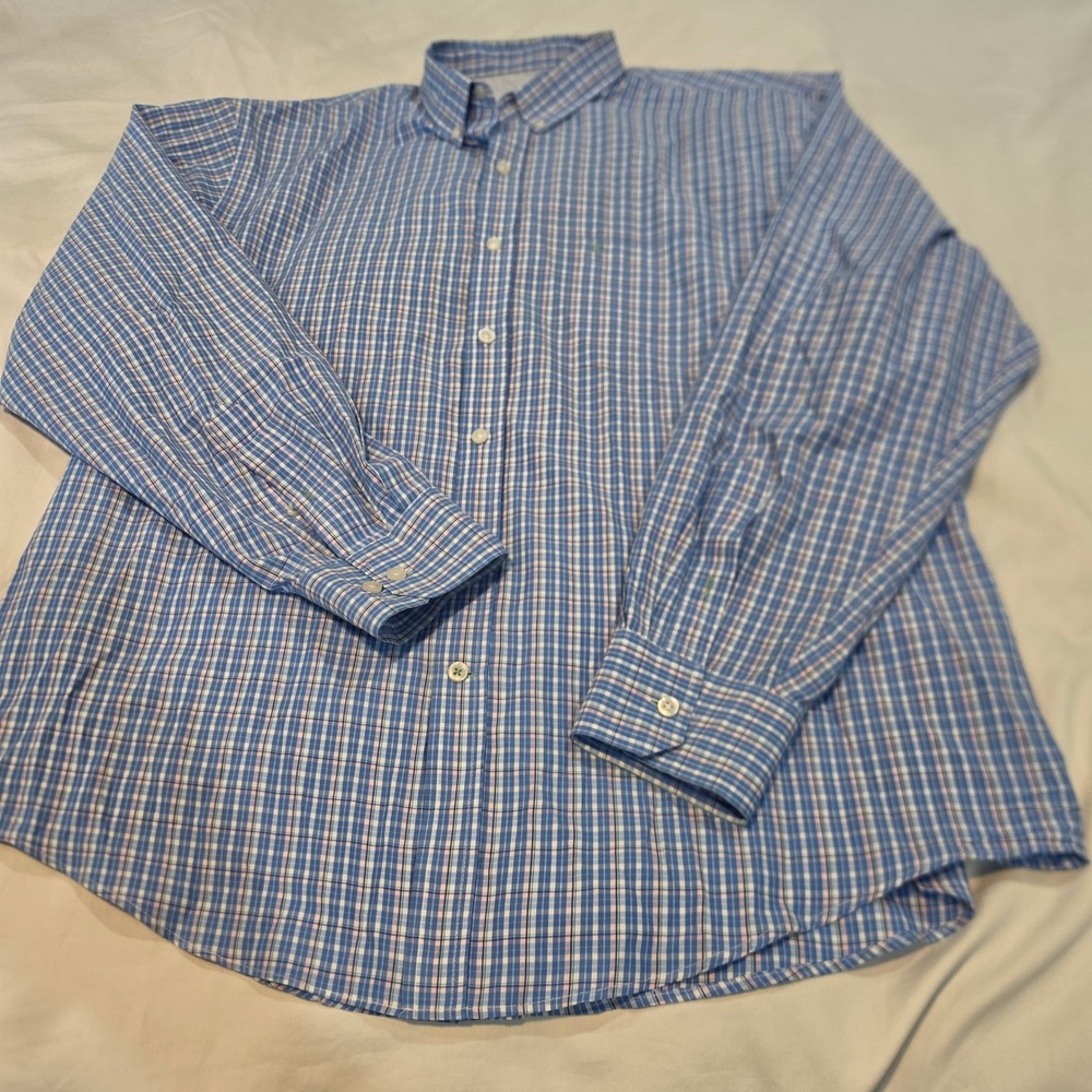 IZOD Button Down Shirt Mens XL Blue Pink Plaid Excellent Long Sleeve Pocket